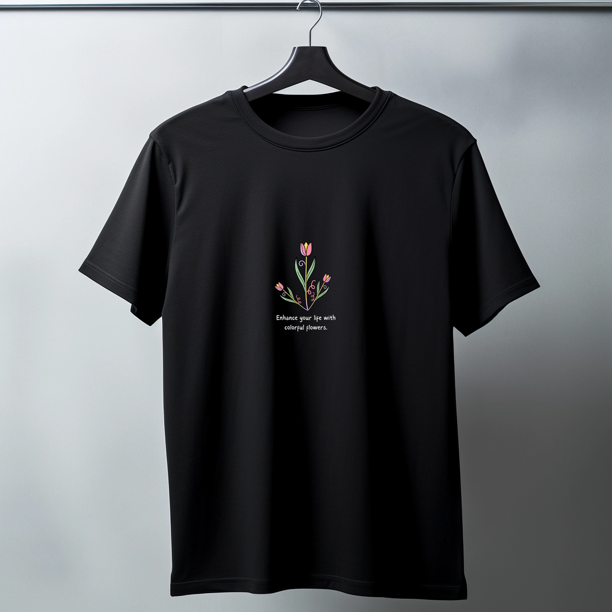 Floral Printed Standard Black T-Shirt